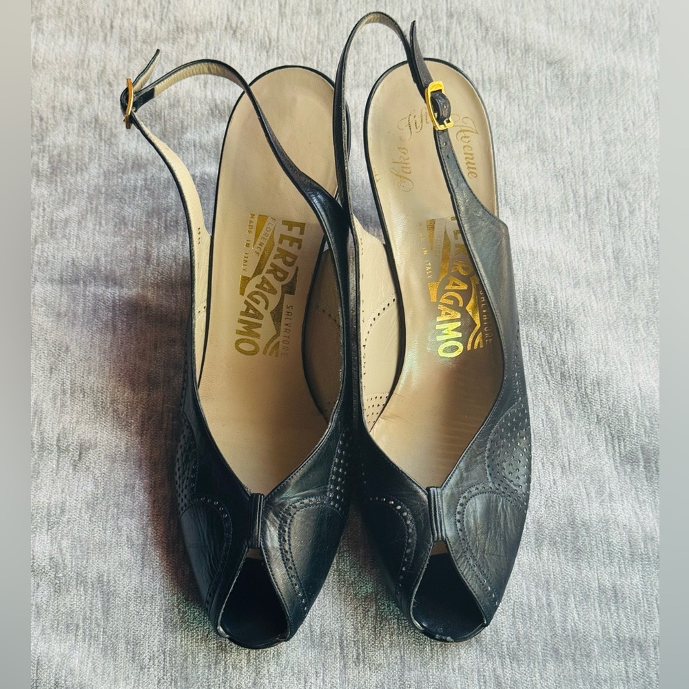 Salvatore Ferragamo Black Leather Peep-Toe Heels Size 8 AA